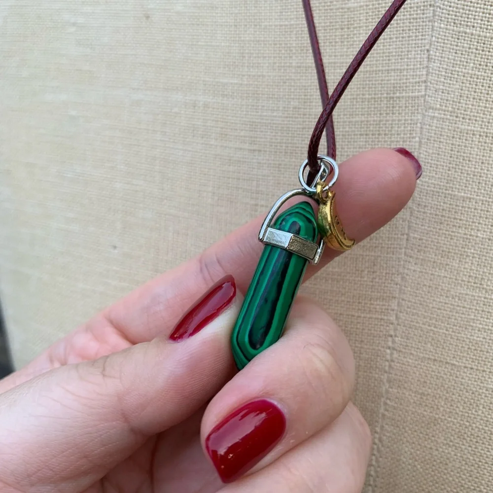 Handmade Malachite Dagger Tower Amulet with Moon Charm_7